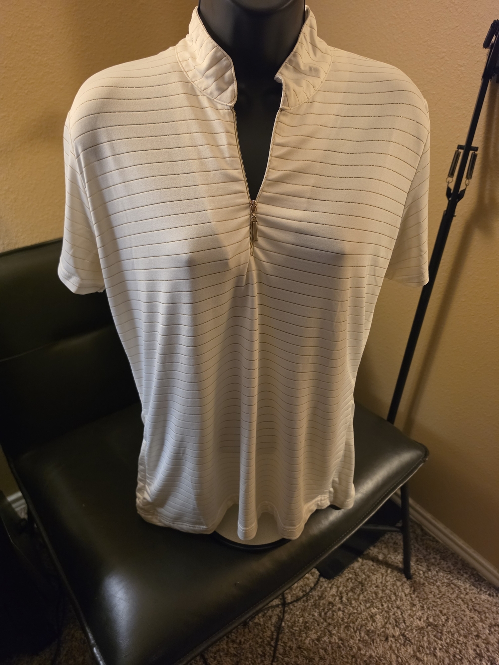 Sport Haley White Gold Striped Knit Mock Neck Stretch Zip Top  Women's Size Smal